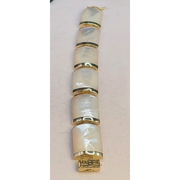14K Gold Mother Of Pearl Bracelet 7" Long Rectangular Stones - Picture 6 of 8